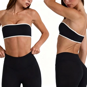 Minimalist black sports set with contrast piping tube top and high waist leggings