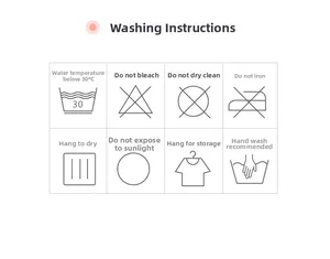 Detailed laundry care symbols for yoga sets including hand wash and low temperature icons