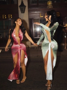 Women Sexy Metallic Deep V Neck Sleeveless Maxi Dress High Slit Backless Bodycon Evening Party Nightclub Long Dress