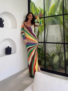 Sexy rainbow print bodycon maxi dress with long sleeves and colorful radial stripes