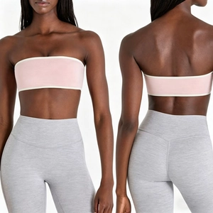 Pink minimalist strapless sports bra and high-waist grey yoga pants fitness set