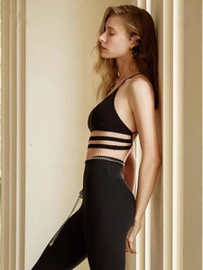 Dettaglio di un reggiseno sportivo nero con design ritagliato e leggings yoga a vita alta