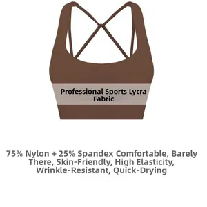 Detail of cross back straps on espresso sports bra with 75% nylon and 25% spandex fabric
