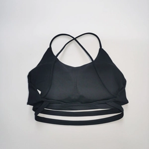 Dettaglio del reggiseno sportivo nero con spalline incrociate e orlo a tre strati ritagliato