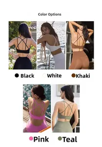 Detailed color options of shockproof sports bra in black, white, khaki, pink, and cyan