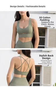 Detail view of sage green yoga bra featuring 3D padded support and criss-cross back design