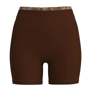 Dunkelbraune Damen-Yoga-Shorts mit Leopardenmuster-Bund und hochelastischem Stoff