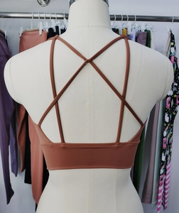 Detail view of terracota sports bra with criss-cross back straps on a mannequin