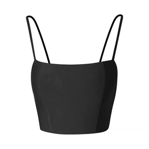 Women's black square neck sports crop top with thin spaghetti straps for yoga