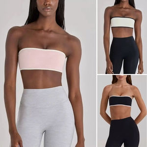 Women's Minimalist Contrast Piping Bandeau Sports Bra High Waisted Yoga Pants Set Nylon Spandex Workout Activewear Top And Bottom