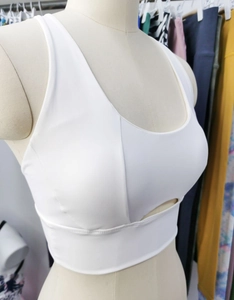 Detailed view of white high-elastic sports bra featuring unique cutout design on mannequin