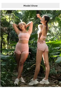 Rosa Yoga-Set mit Leopardenmuster, Sport-BH und Shorts mit Kordelzug an der Seite