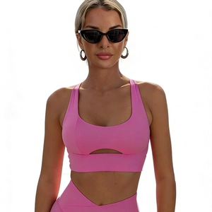 Pink high-impact sports bra and v-waist yoga leggings set for fitness and running