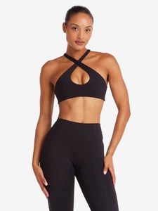 Détail de la brassière de sport noire avec bretelles croisées et découpe frontale ovale