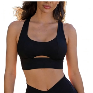 High-impact black sports bra with cutout detail and wide straps for yoga and fitness