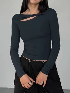 Slim fit long sleeve yoga top with asymmetrical shoulder cutout in dark charcoal grey