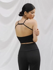 Débardeur de yoga noir dos nu pour femme avec bretelles croisées et legging de sport