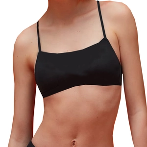Soutien-gorge de yoga noir minimaliste avec fines bretelles et décolleté carré moderne
