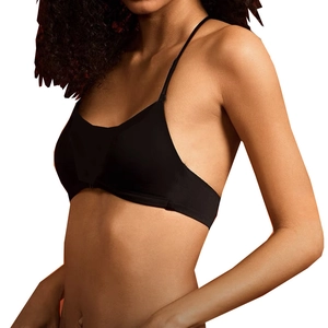 Soutien-gorge de yoga noir minimaliste à fines bretelles et tissu élastique vue de profil