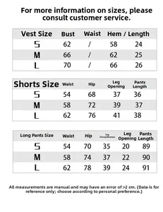 Size chart showing vest, shorts, and trousers measurements for yoga fitness set