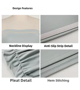 Detail shots of light blue yoga top featuring silicone anti-slip strip and mesh neckline