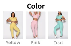 Vue en trois cadres d'ensembles de yoga en jaune, rose et turquoise en tissu côtelé