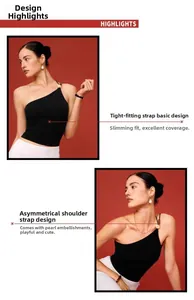 Detail view of one-shoulder yoga sports bra with unique decorative beaded strap design