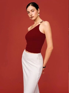 Slim fit burgundy one-shoulder yoga vest with stylish decorative beads on the strap
