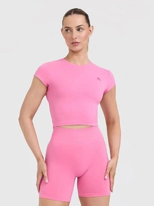 Pink slim fit short sleeve yoga top and high waist shorts athletic two-piece set