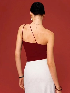 Burgundy one-shoulder yoga vest with open back design and asymmetric strap detail