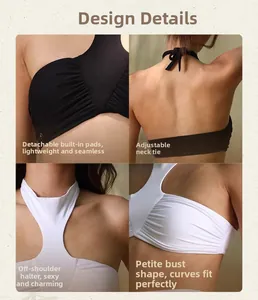 Detail view of ruched halter sports bra with adjustable ties and removable pads