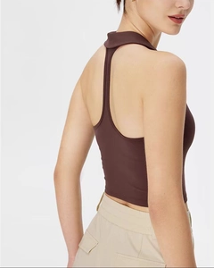 Detailed back view of a chocolate brown halter neck sports vest with a stylish polo collar