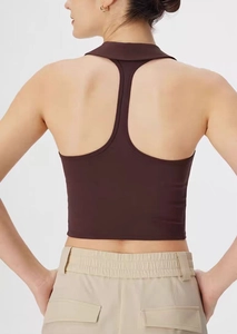 Back view of brown racerback yoga vest with polo collar and smooth athletic fabric