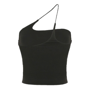 Detaillierte Ansicht des schwarzen asymmetrischen One-Shoulder-Yoga-Sport-BHs aus Stretch
