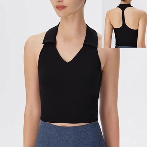 Women Halter Racerback Yoga Tank Top With Removable Pads Polo Collar Deep V Neck Slim Fit Moisture Wicking Sports Vest Top