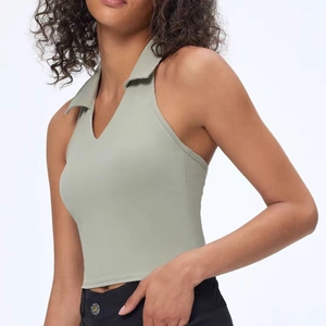 Women's sage green polo neck yoga tank top with deep V-neck and built-in bra