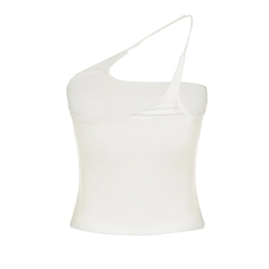 Detail des schmalen weißen asymmetrischen One-Shoulder-Sporttops mit dünnen Trägern