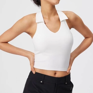 Sleeveless white polo yoga crop top with deep V-neck and collar for sports wear