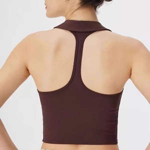 Women's deep brown yoga tank top featuring a stylish T-back design and refined polo collar