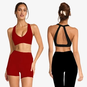 Women Sexy Cutout Back Yoga Sports Bra High Waist Fitness Shorts Moisture Wicking Solid Color Top Bottom