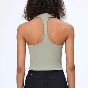 Sage green polo neck racerback yoga vest with slim fit design and back cut-out detail