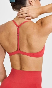 Detail des korallenroten Sport-BHs mit T-Rücken, dünnen Trägern und Silberschnallen