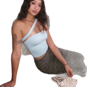 Slim fit light blue one shoulder yoga tank top with side ruching and cropped hemline
