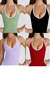 Detail view of four-color halter yoga vests featuring U-neck and contrast piping details