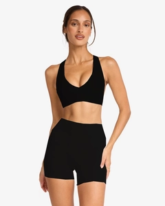 Detailed view of black V-neck sports bra and high-waist shorts set for yoga and fitness