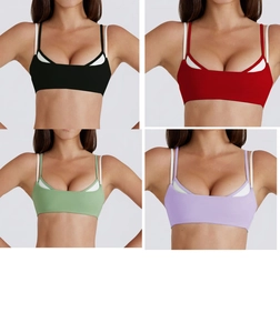 Détail du soutien-gorge de sport en quatre couleurs avec doubles bretelles fines