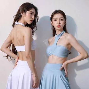 Women's halter neck sports bra and pleated skirt set in white and light blue styles