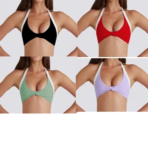 Detailed view of color-block halter yoga top with stylish front knot in various colors