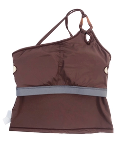 Haut de yoga marron à une épaule avec boucle ambre et bande élastique grise