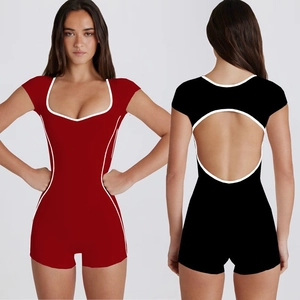 Slim fit square neck yoga romper with contrast piping and open back design